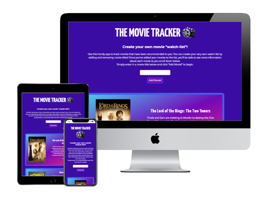 A image of my responsive, movie-themed React project displayed on multiple device screens.